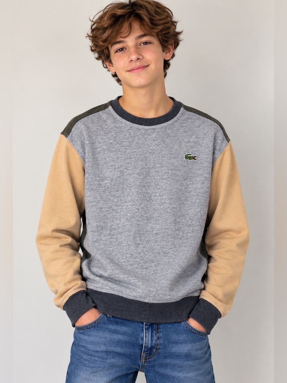 Lacoste LIVE Boys Large Sweatshirt Gray Tan Olive Colorblock Crocodile Logo